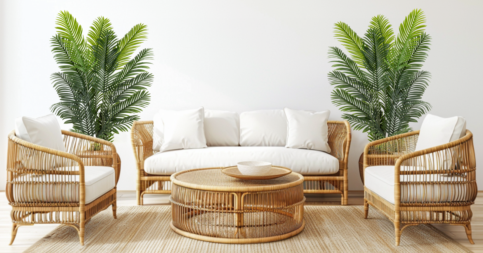Nahaufnahme der naturgetreu gestalteten Palmwedel der Areca Kunstpflanze