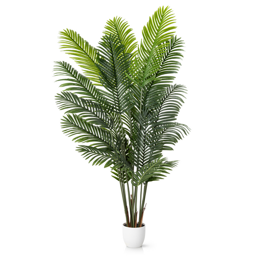 Nahaufnahme der naturgetreu gestalteten Palmwedel der Areca Kunstpflanze