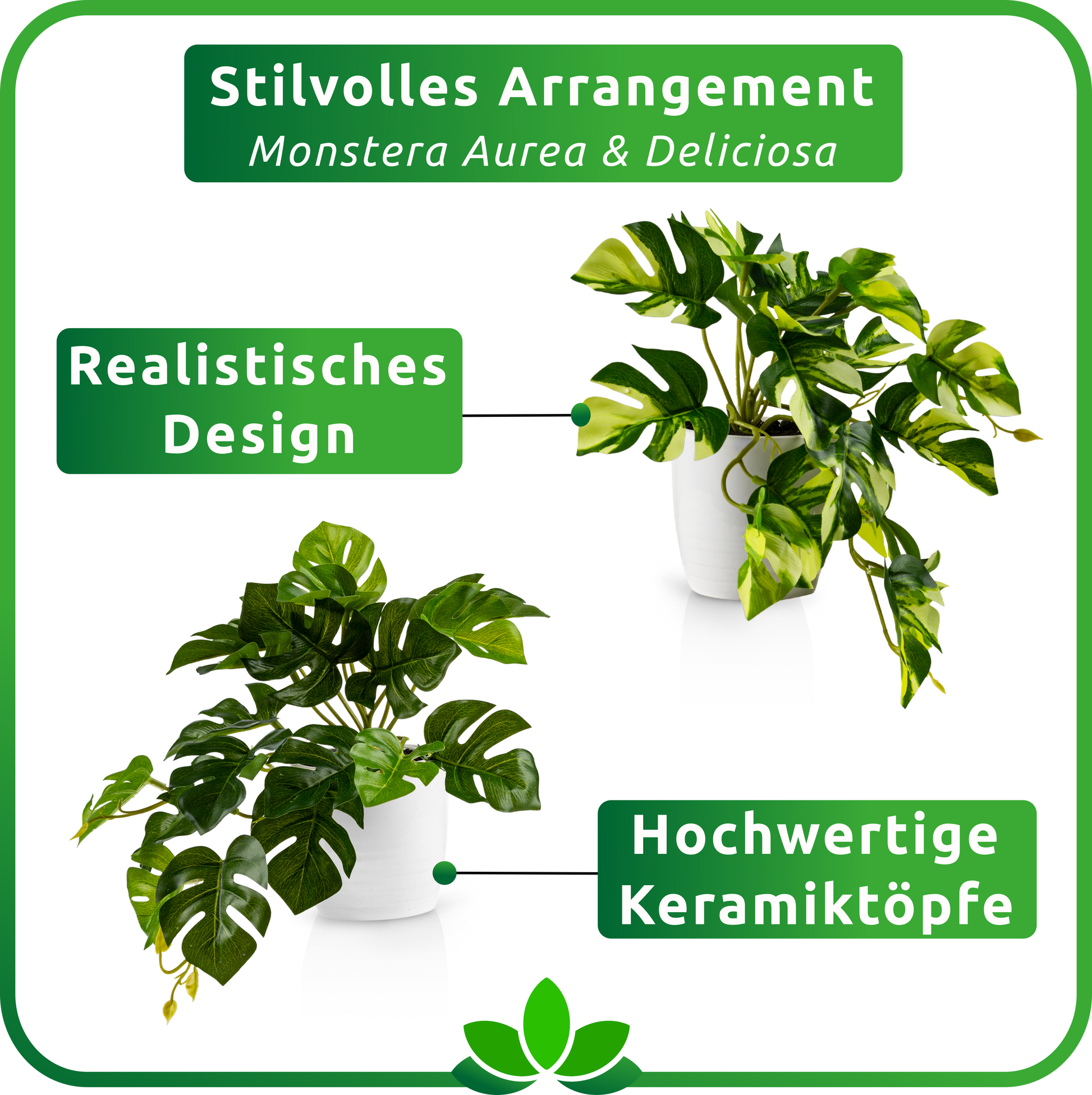 Deko-Arrangement mit drei kleinen Monstera Kunstpflanzen auf Holzregal