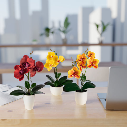 Nahaufnahme einer roten Orchidee mit realistischen Blüten und Blättern