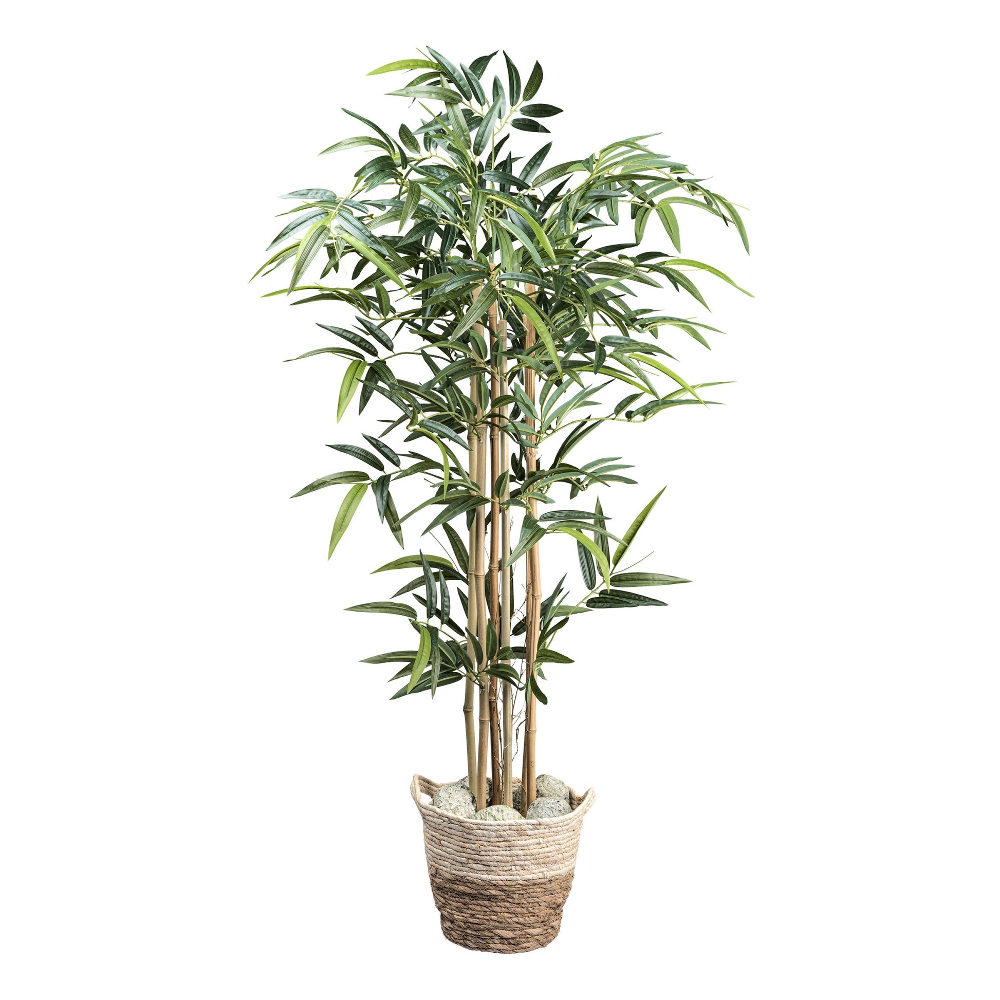 Künstlicher Bambus mit naturgetreuen Blättern und echten Bambusstäben im dekorativen Flechtkorb – stilvolle Kunstpflanze für modernes Raumdesign