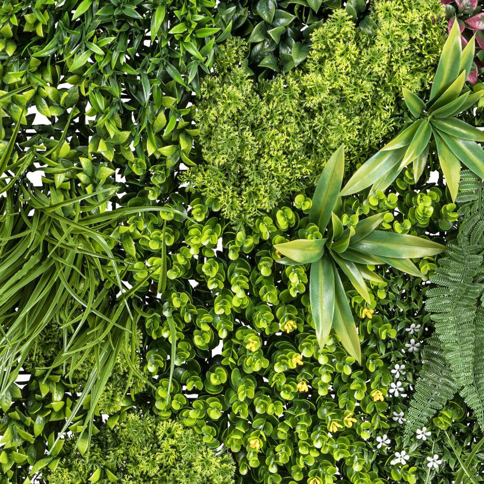 Nahaufnahme einer Premium Blättermatte mit unterschiedlichen Grüntönen, Farnen und Sukkulenten – naturgetreue
Pflanzenwand zur Wandbegrünung