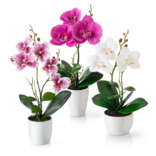 Künstliche Orchideen in weißen Keramiktöpfen, 3 Stück, dekorativ