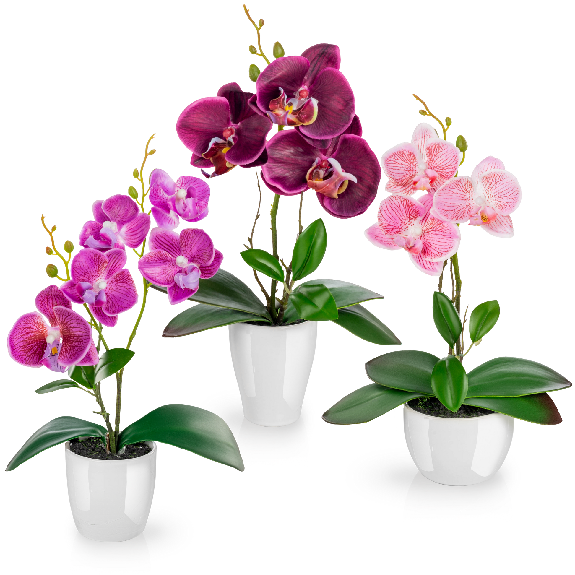 Drei künstliche Orchideen in eleganten Keramiktöpfen auf Fensterbank dekoriert