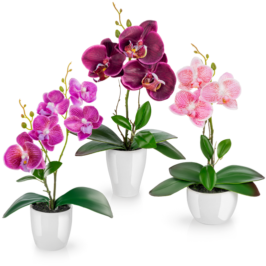 Drei künstliche Orchideen in eleganten Keramiktöpfen auf Fensterbank dekoriert