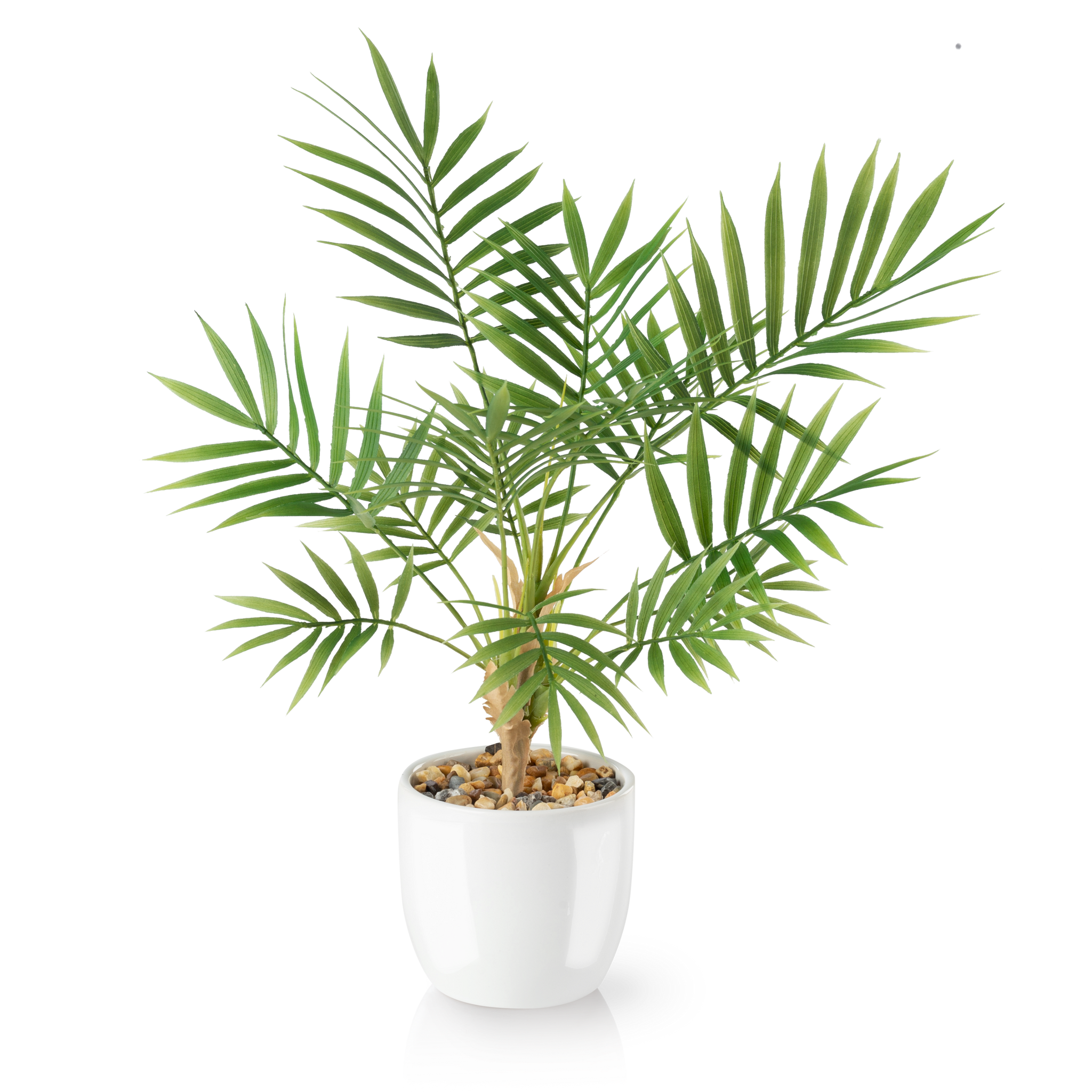 Areca Kunstpflanze mit schlanken grünen Blättern im weißen Keramiktopf
