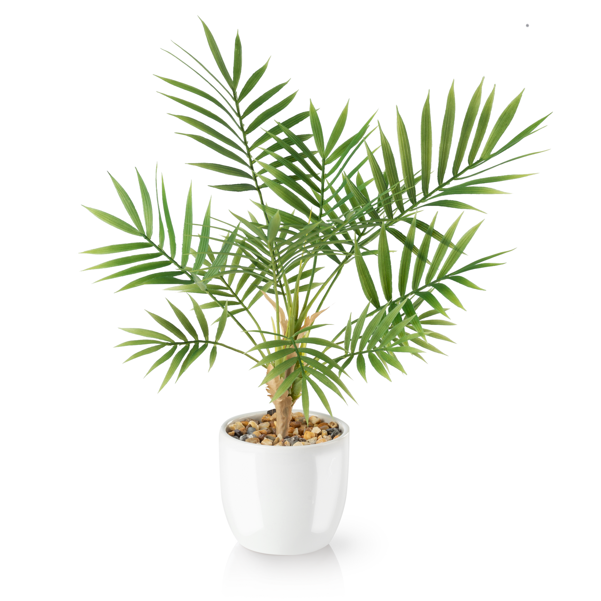 Areca Kunstpflanze mit schlanken grünen Blättern im weißen Keramiktopf