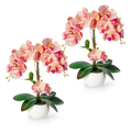Künstliche Orchideen in glänzenden weißen Keramiktöpfen auf Holzregal