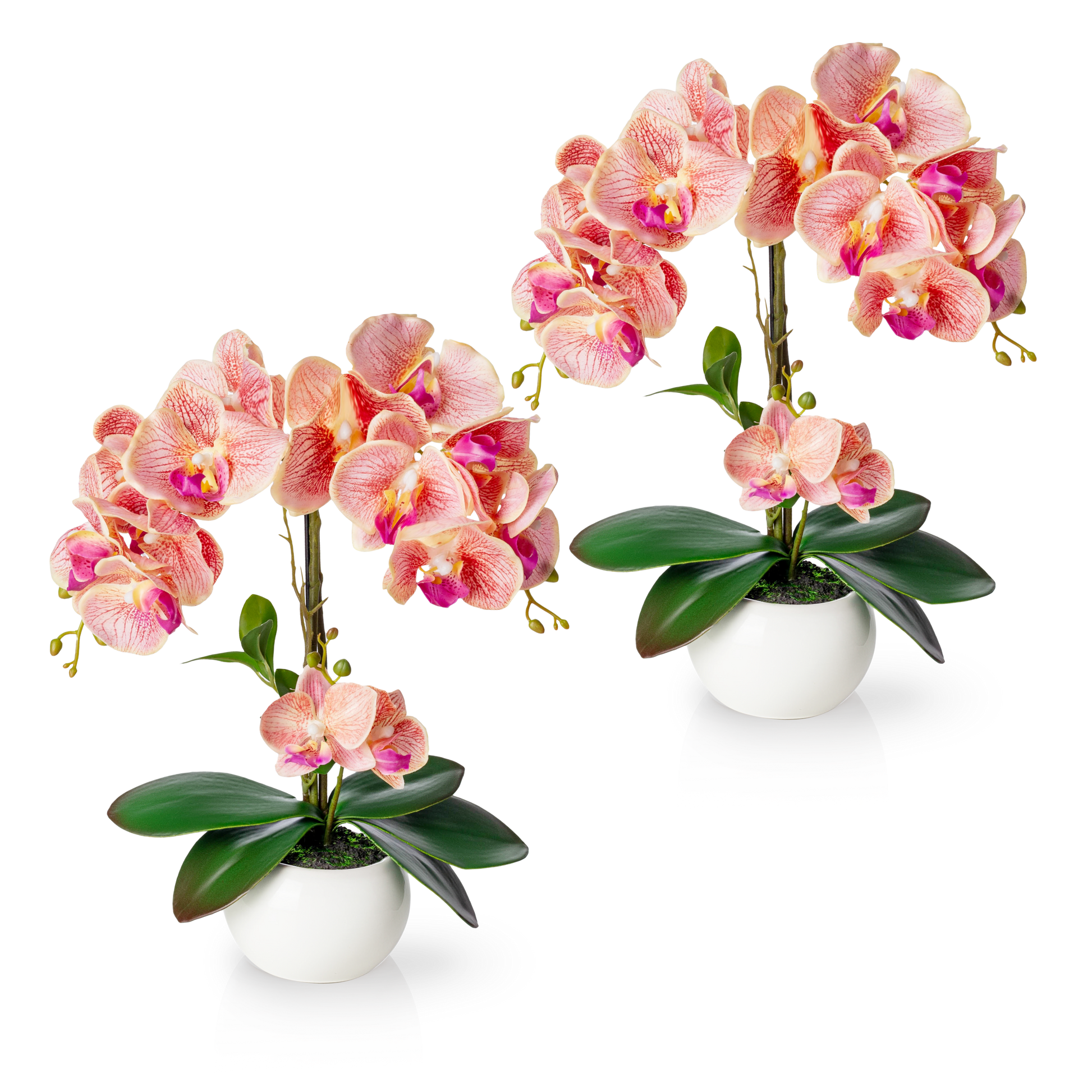 Künstliche Orchideen in glänzenden weißen Keramiktöpfen auf Holzregal
