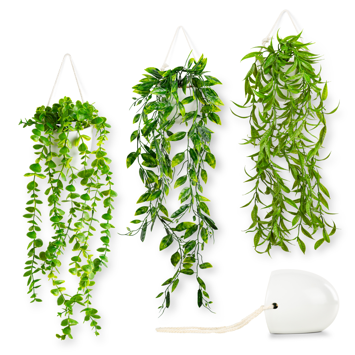 Hängende Kunstpflanzen in eleganten weißen Keramik-Wandvasen, Eukalyptus Mix