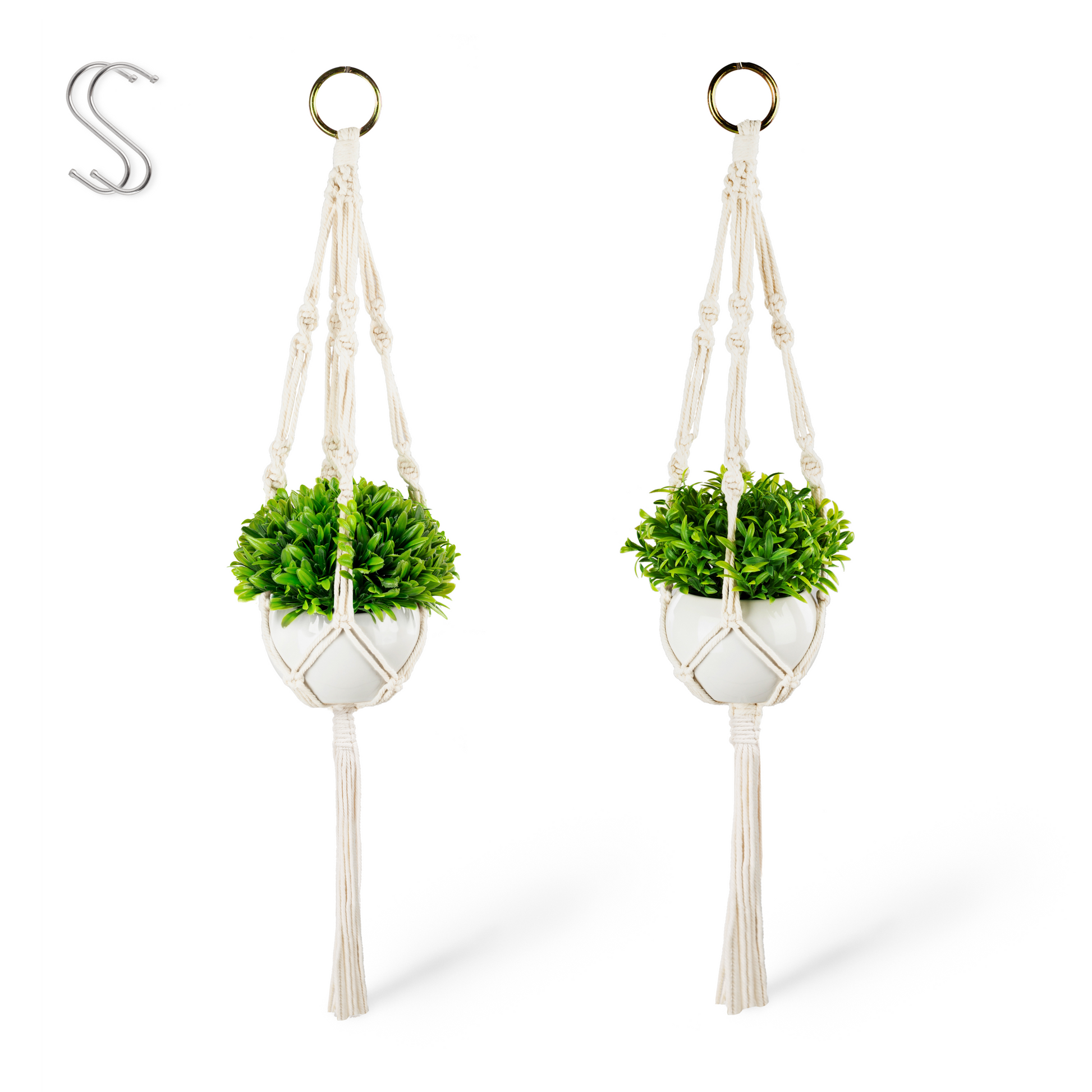 Makramee Blumenampel mit weißem Keramiktopf und grüner Kunstpflanze, 60cm