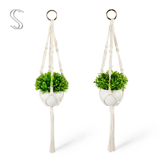 Makramee Blumenampel mit weißem Keramiktopf und grüner Kunstpflanze, 60cm