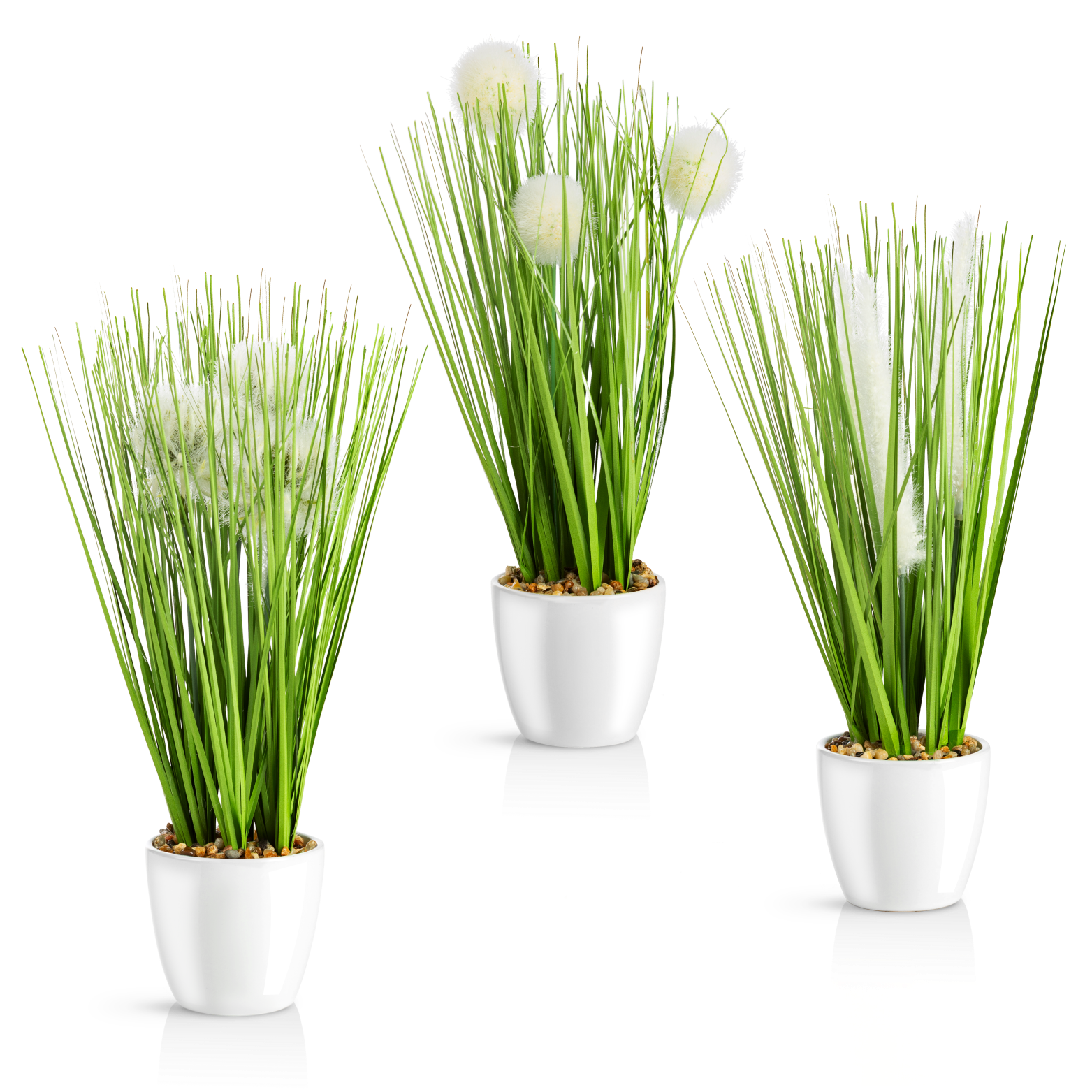 Kunstgras im weißen Keramiktopf, 31 cm, modernes 3er-Set