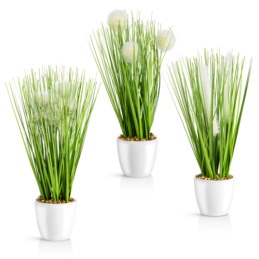 Kunstgras im weißen Keramiktopf, 31 cm, modernes 3er-Set