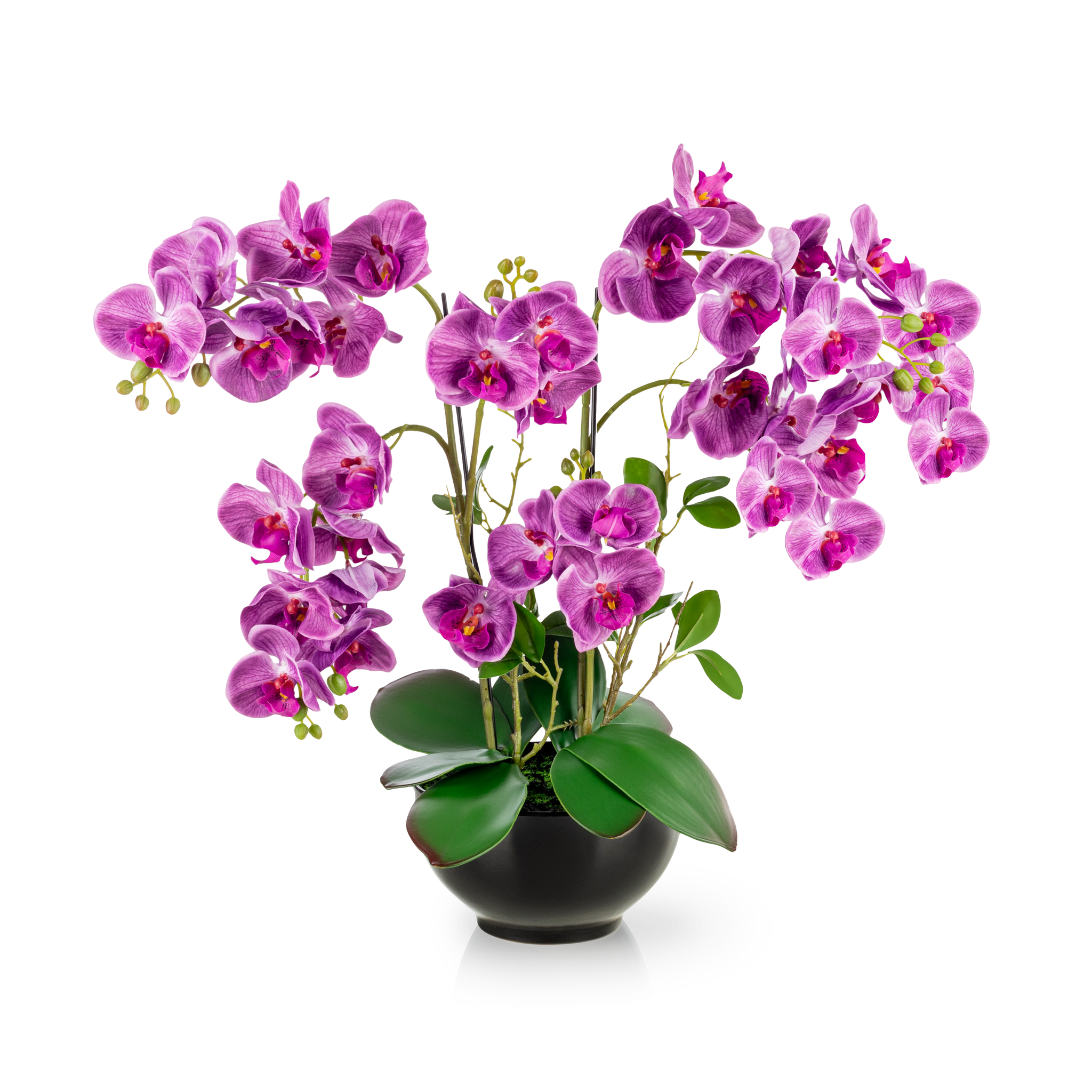 XXL künstliche lila Orchidee in schwarzem Hochglanz-Keramiktopf