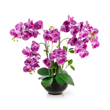 XXL künstliche lila Orchidee in schwarzem Hochglanz-Keramiktopf