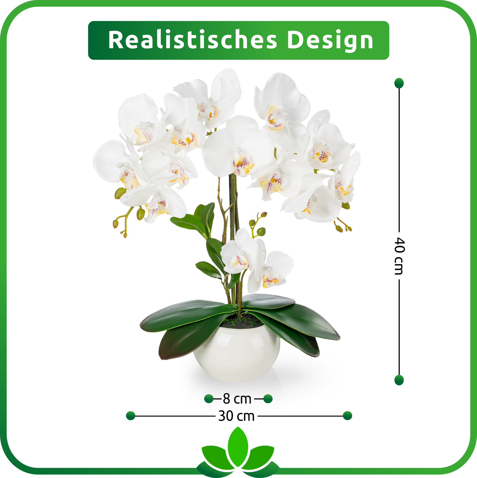 Weiße künstliche Orchidee in glänzendem Keramiktopf auf Holzregal