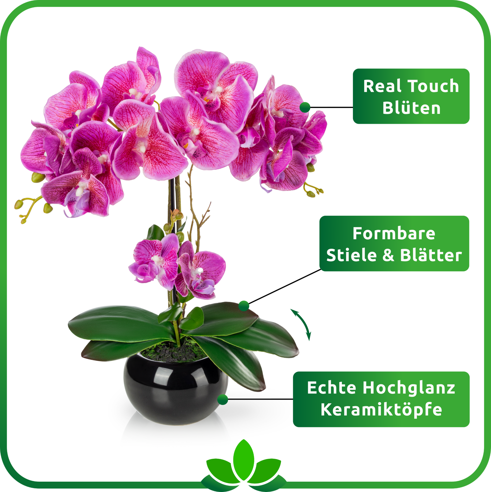 Künstliche Orchideen in Keramiktöpfen (2 Stück, 40cm) - Weiß-Rosé (schwarze Töpfe)