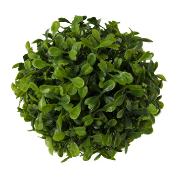 Detailaufnahme einer kleinen künstlichen Buchsbaumkugel mit dichtem, realistischem Blattwerk in frischem Grün – ideal als pflegeleichte Dekoration.