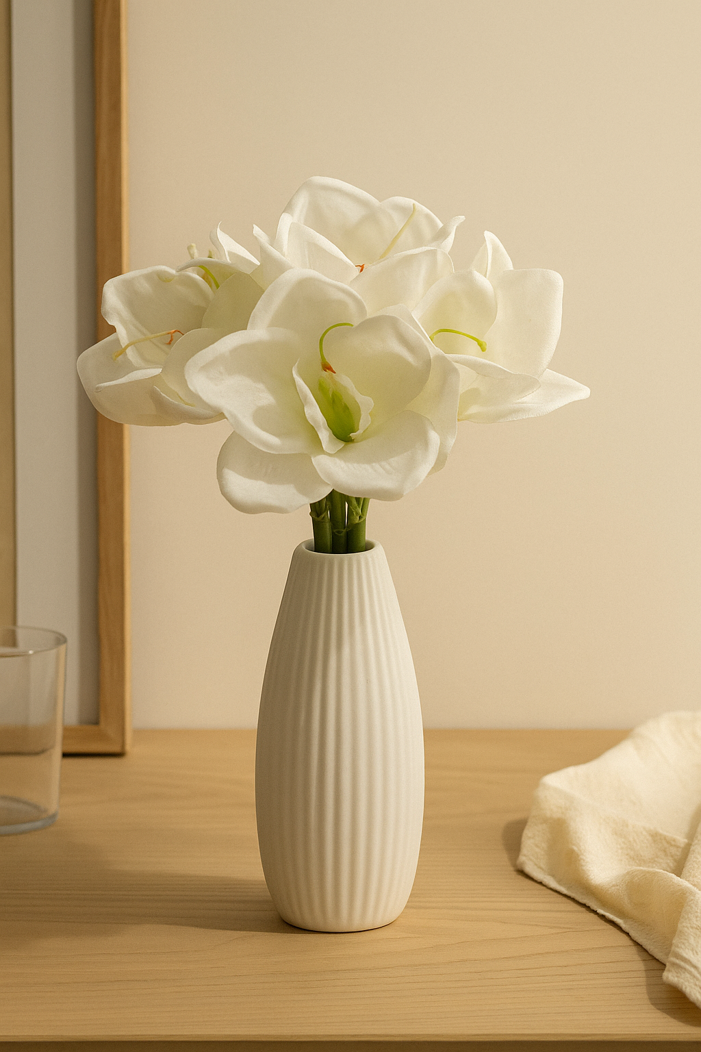 Künstlicher Amaryllis-Strauß in Weiß in eleganter weißer Vase auf Holztisch – realistische künstliche Blumen mit feinen Blüten für stilvolle Wohnraumdekoration