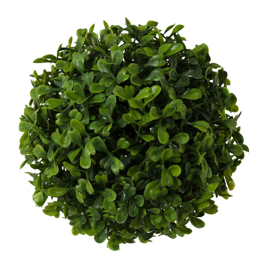 Detailansicht einer künstlichen Buchsbaumkugel mit naturgetreuem, sattgrünem Laub – dekorative, pflegeleichte Pflanzenkugel für vielseitige Einsatzmöglichkeiten.