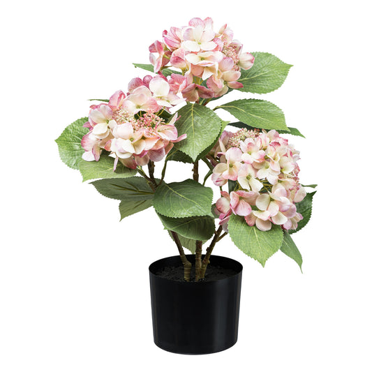 Künstliche rosa Hortensie im schlichten schwarzen Blumentopf – naturgetreue Kunstpflanze zur Innendekoration