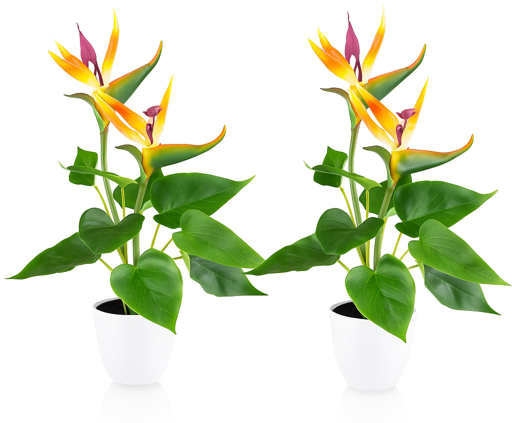 Zwei künstliche Paradiesvogelblumen im weißen Topf mit leuchtend orange-lila Blüten und grünen Blättern nebeneinander auf weißem Hintergrund mit Spiegelung und Schatten.