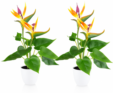 Zwei künstliche Paradiesvogelblumen im weißen Topf mit leuchtend orange-lila Blüten und grünen Blättern nebeneinander auf weißem Hintergrund mit Spiegelung und Schatten.