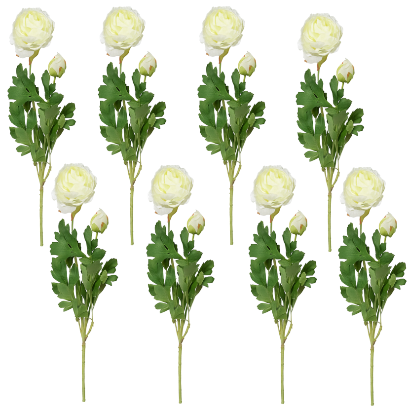 Acht künstliche Ranunkeln in Cremeweiß mit grünen Blättern auf weißem Hintergrund, gleichmäßig angeordnet mit Spiegelung und Schatten – realistische Kunstblumen als Dekoration