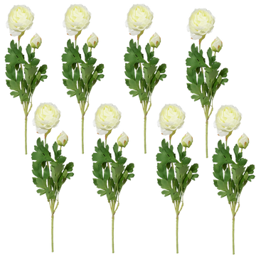 Acht künstliche Ranunkeln in Cremeweiß mit grünen Blättern auf weißem Hintergrund, gleichmäßig angeordnet mit Spiegelung und Schatten – realistische Kunstblumen als Dekoration