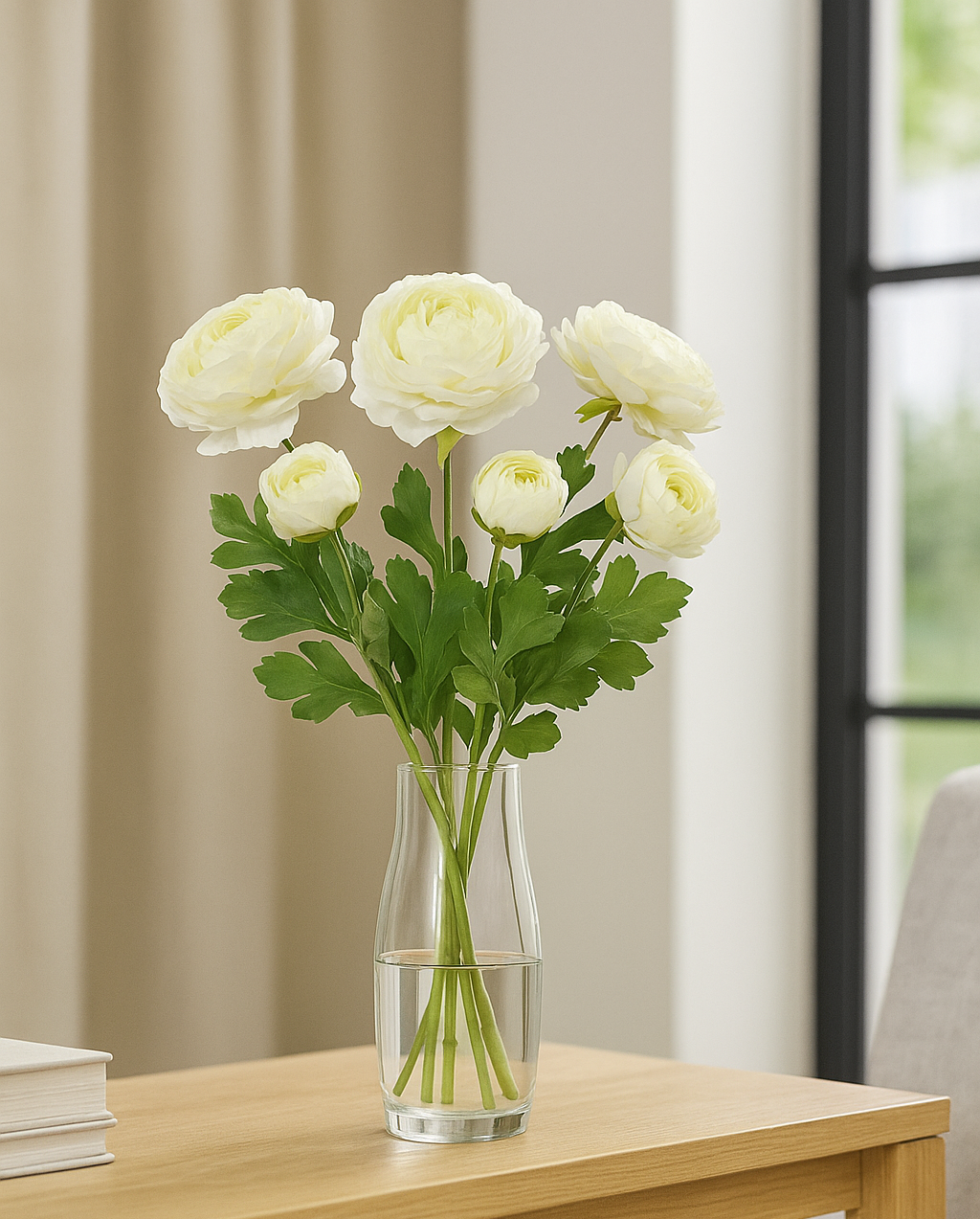 Strauß aus künstlichen cremeweißen Ranunkeln in Glasvase auf Holzkommode im modernen Wohnzimmer – realistische künstliche Blumen in natürlichem Licht