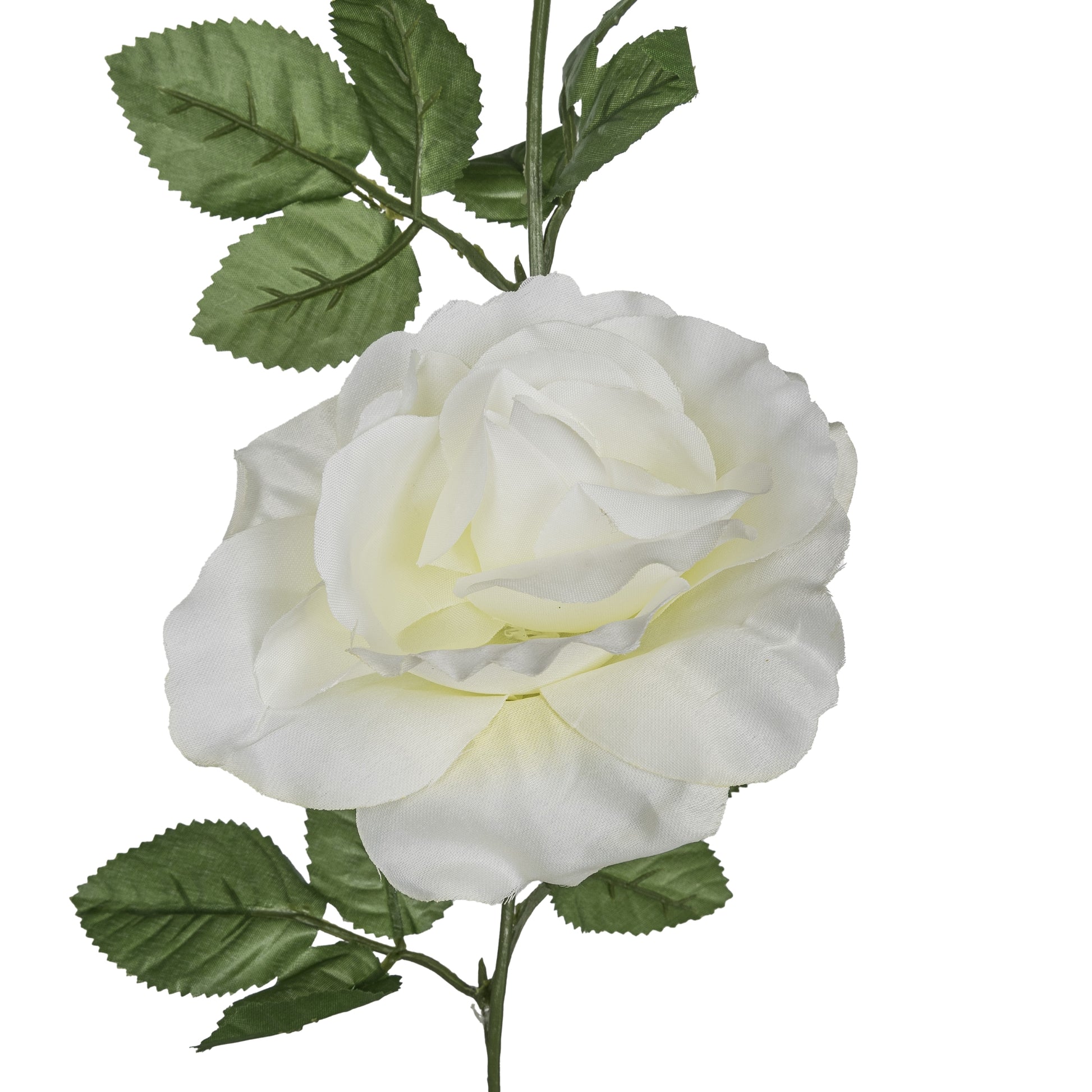 Nahaufnahme einer weißen künstlichen Rose mit naturgetreuen Blättern – hochwertige Dekoblume für romantische und elegante Arrangements