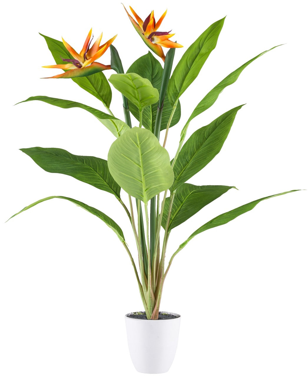 Künstliche Strelitzia Reginae im weißen Topf mit orange-gelben Blüten und großen grünen Blättern, realistische Paradiesvogelblume Dekopflanze