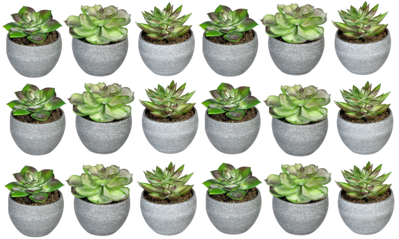 Künstliche Sukkulenten im grauen Rundtopf, realistische Dekopflanzen in verschiedenen Formen und Grüntönen für Zuhause und Büro