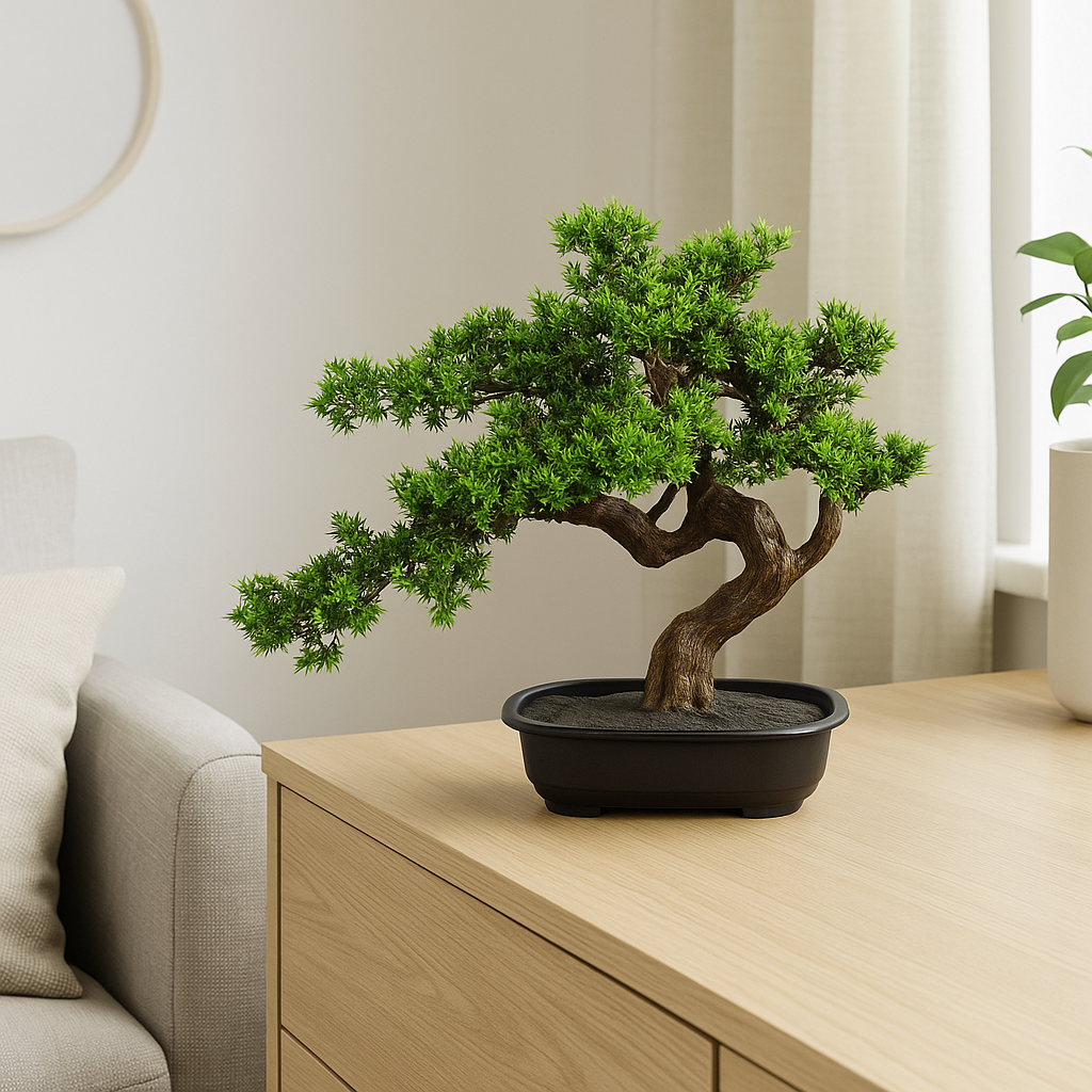 Künstlicher Bonsai Baum 40 cm im schwarzen Topf auf heller Holzkommode im modernen Wohnzimmer – realistische asiatische Kunstpflanze mit naturgetreuem Stamm