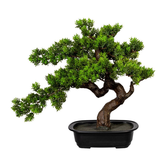 Künstlicher Bonsai Baum mit feinen grünen Blättern und naturgetreuem Stamm im schwarzen Topf, perfekt für Dekoration und Innenbereiche