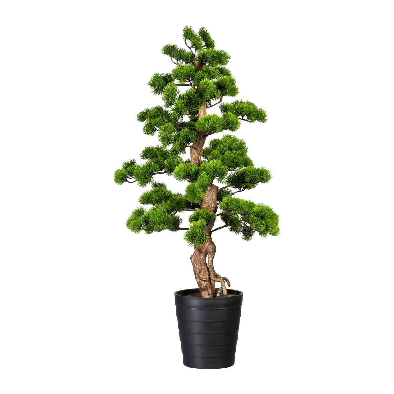 Künstlicher Bonsai Baum mit detailreichen Nadeln und braunem Stamm im schwarzen Topf, ideal für Deko und Innenbereiche