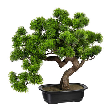 Künstlicher Bonsai Baum mit realistischen grünen Nadeln und gebogenem Stamm im schwarzen Topf, ideal für Deko und Innenbereiche
