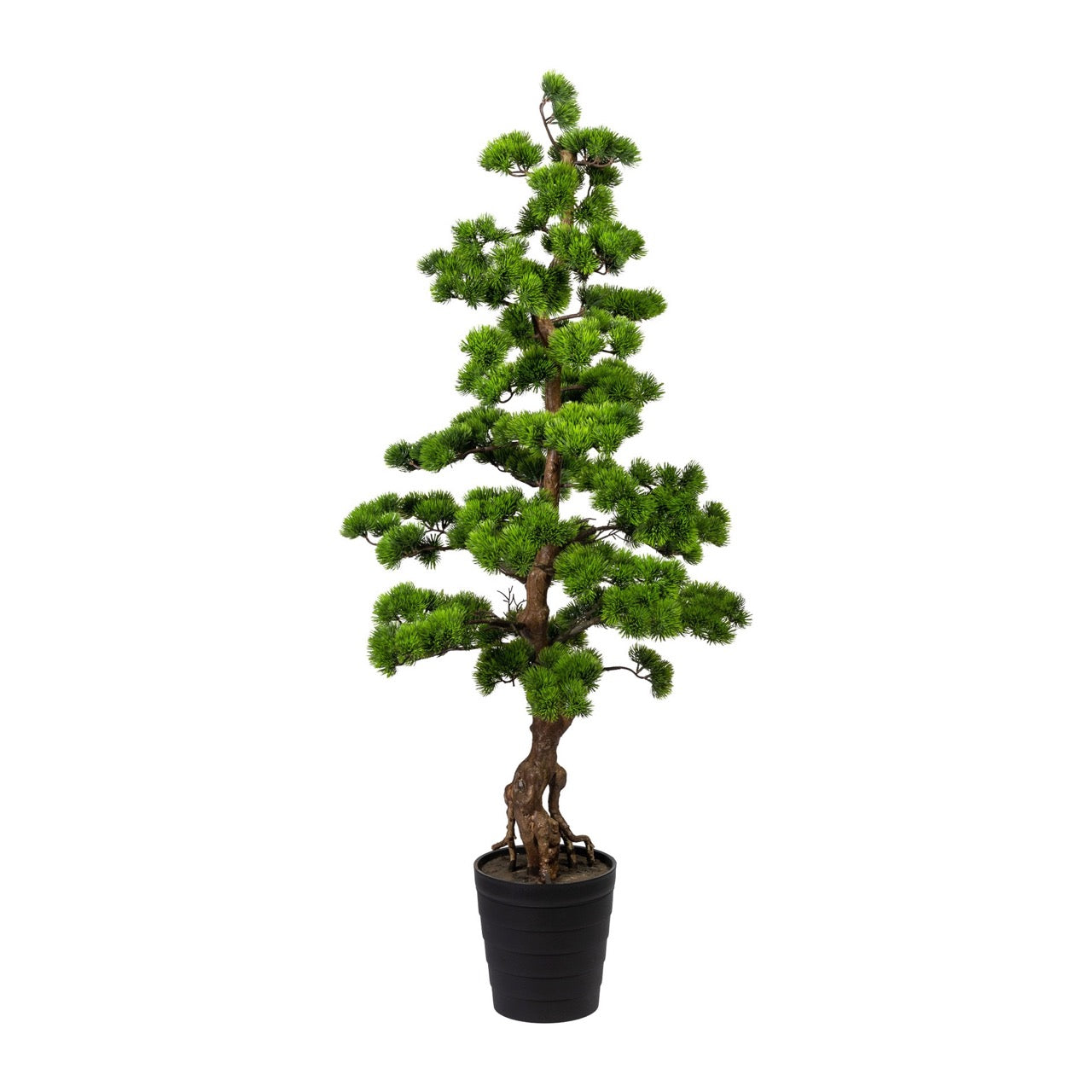 Künstlicher Bonsai Baum mit realistischen grünen Nadeln und braunem Stamm im schwarzen Topf, perfekt für Deko und Innenbereiche