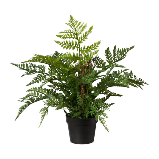 Realistisch aussehender Kunstfarn im schwarzen Pflanztopf mit dichtem, fein gefiedertem Blattwerk für natürliche Raumgestaltung.