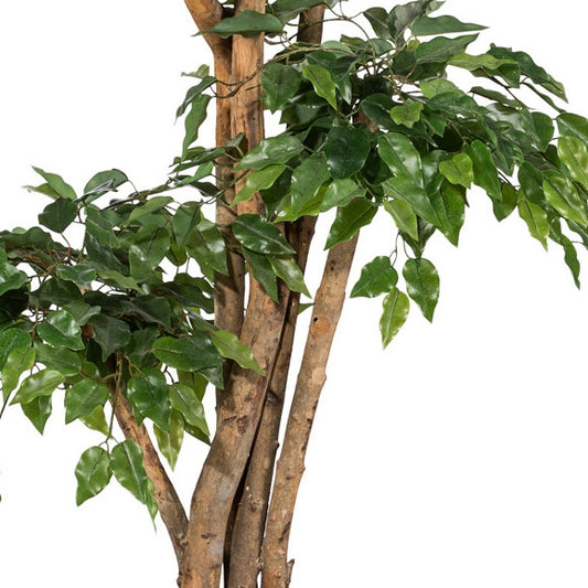 Detailaufnahme eines künstlichen Ficus Benjamini mit naturgetreuem Stamm und lebensechten, glänzenden Blättern – hochwertige Kunstpflanze für Innenräume