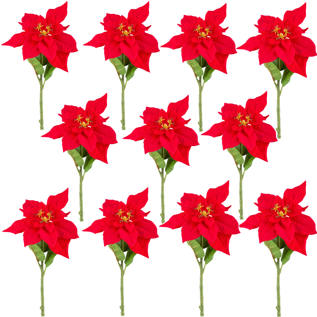 Set aus zwölf künstlichen Weihnachtssternen in kräftigem Rot – naturgetreue rote Kunstblumen ohne Topf mit grünen Blättern und gelben Blüten, perfekt für festliche Weihnachtsdekoration und Winterfloristik.