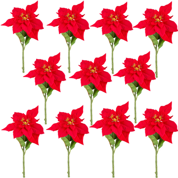 Set aus zwölf künstlichen Weihnachtssternen in kräftigem Rot – naturgetreue rote Kunstblumen ohne Topf mit grünen Blättern und gelben Blüten, perfekt für festliche Weihnachtsdekoration und Winterfloristik.