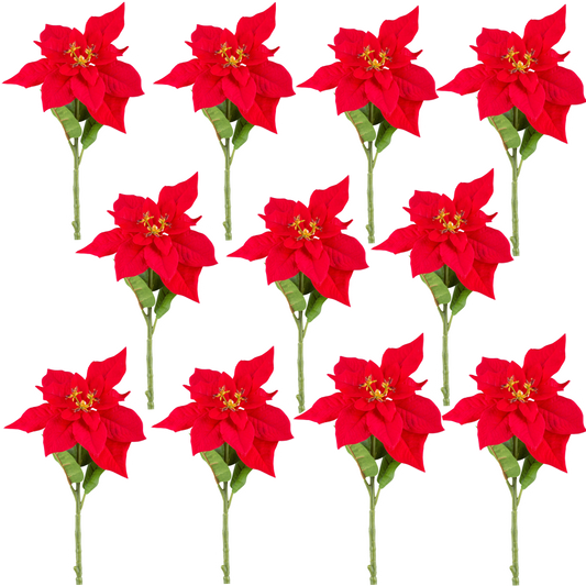 Set aus zwölf künstlichen Weihnachtssternen in kräftigem Rot – naturgetreue rote Kunstblumen ohne Topf mit grünen Blättern und gelben Blüten, perfekt für festliche Weihnachtsdekoration und Winterfloristik.