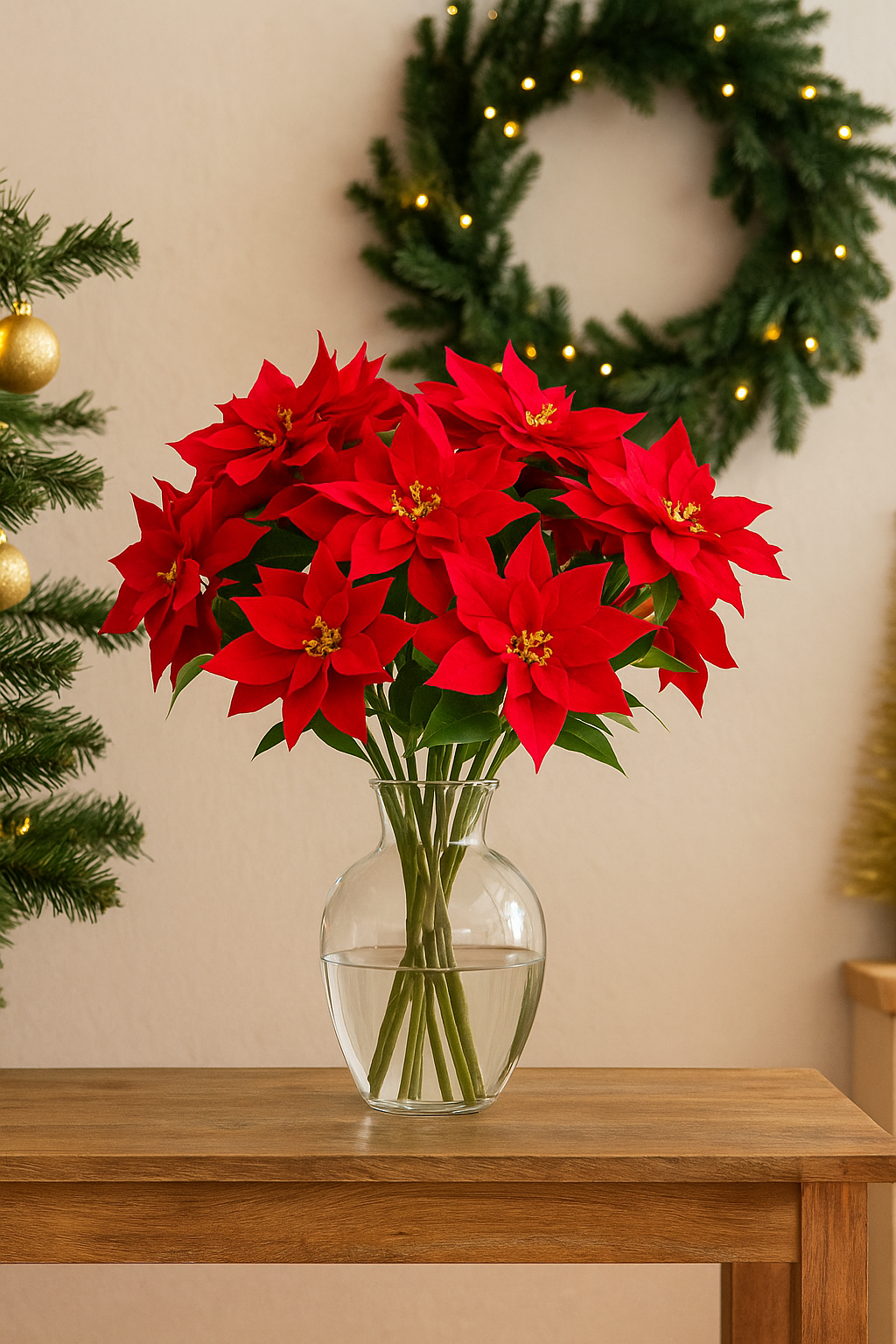 Künstlicher Weihnachtsstern als Strauß in Vase – realistische Poinsetta Stiele mit roten Blüten und grünen Blättern, perfekt für festliche Weihnachtsdekoration im Wohnzimmer.