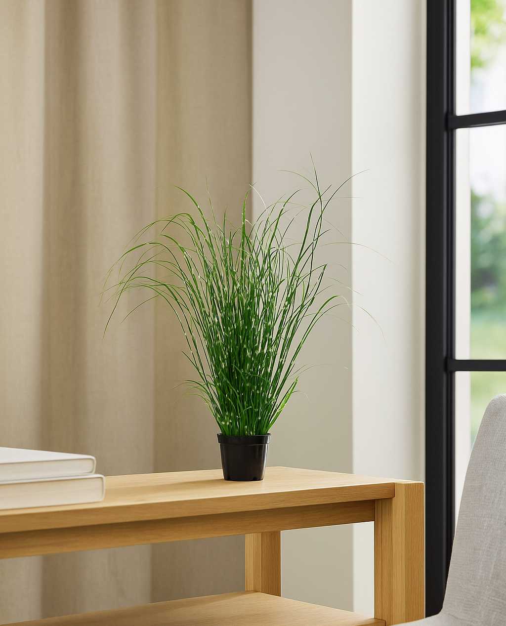 Künstliches Zebragras 42 cm im schwarzen Topf auf heller Holzkonsole im modernen Wohnzimmer mit natürlichem Tageslicht – realistische künstliche pflanzen als Dekoration