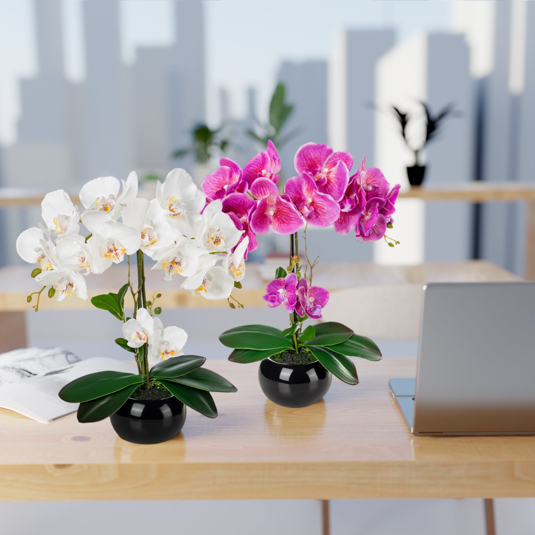 Künstliche Orchideen in Keramiktöpfen (2 Stück, 40cm) - Weiß-Rosé (schwarze Töpfe)