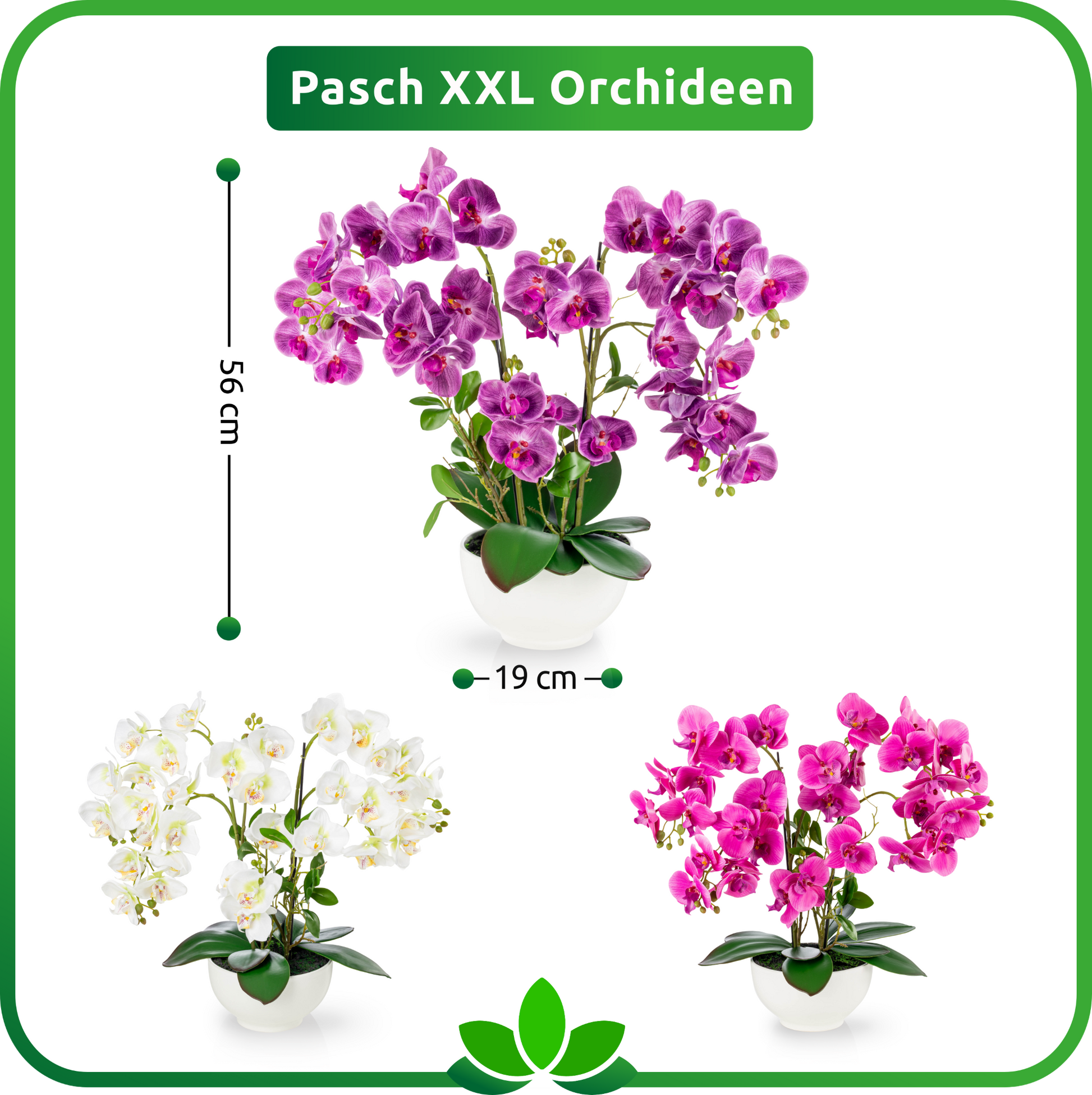 Lila Orchidee künstlich mit naturgetreuen Blättern auf Tisch