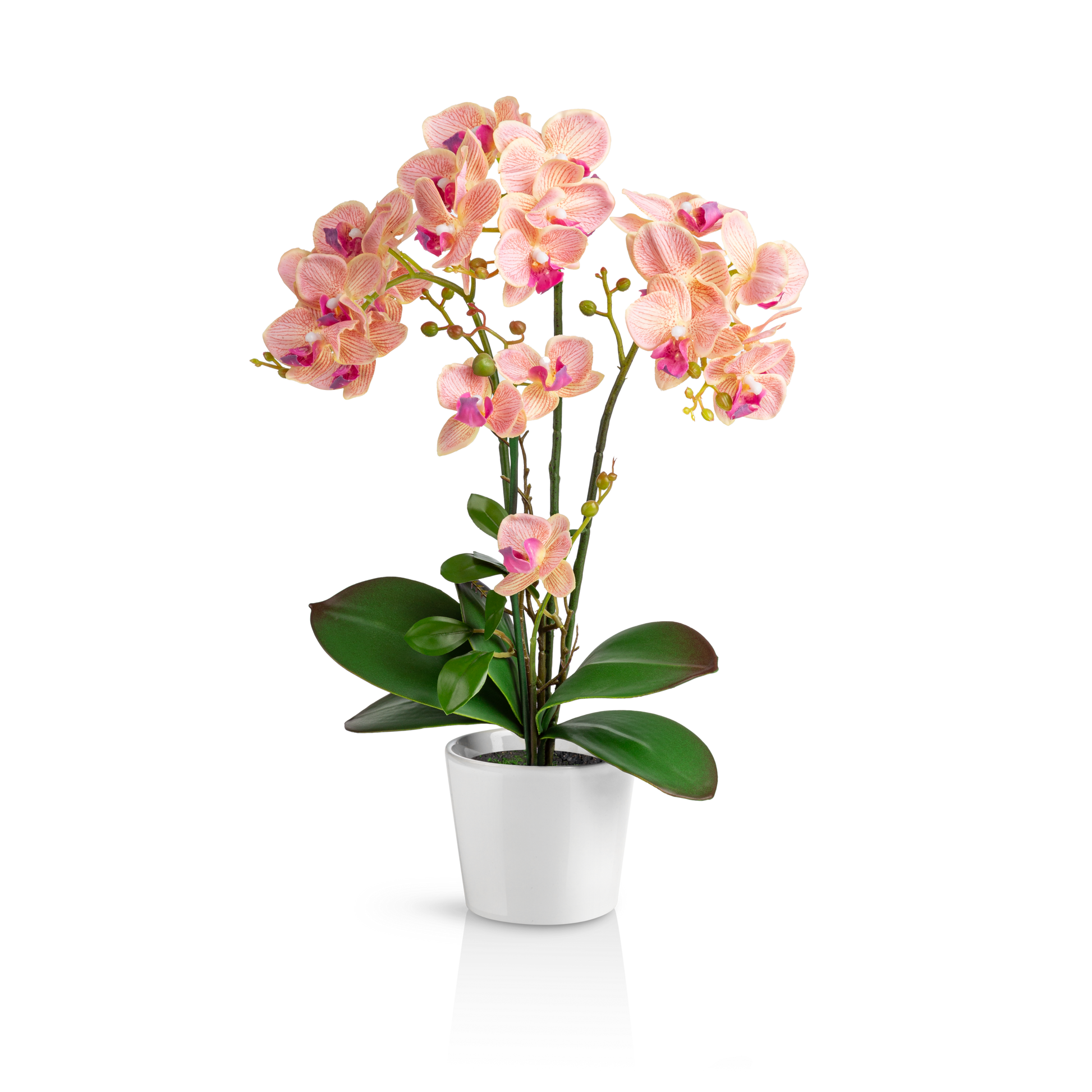 Künstliche Orchidee in glänzendem weißen Keramiktopf auf Holztisch