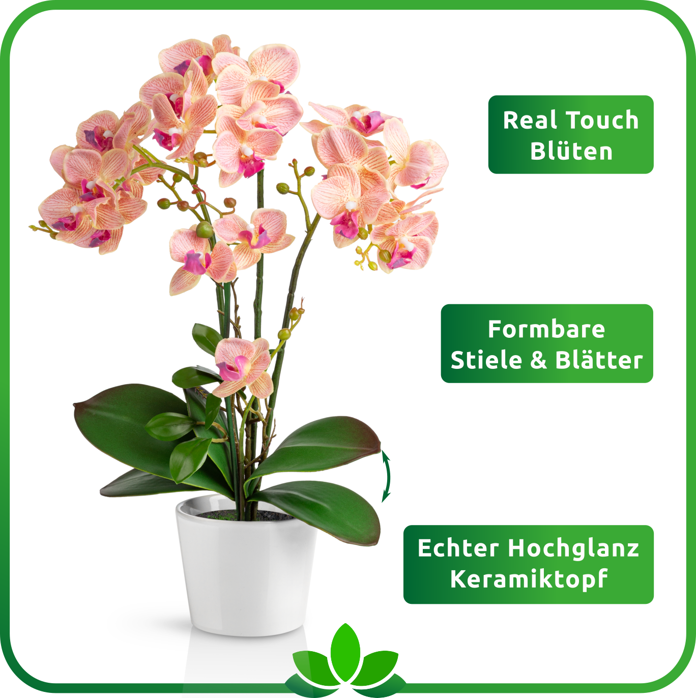 Kunstblume Orchidee in Keramiktopf in modernem Wohnzimmer